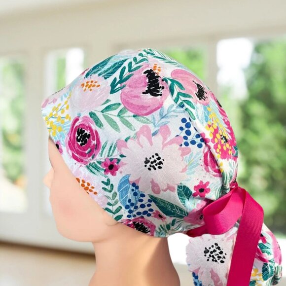 Colorful Floral Ponytail Scrub Cap~ Ponytail Scrub Cap, Surgical Hat, OR, Gifts. - Picture 4 of 5